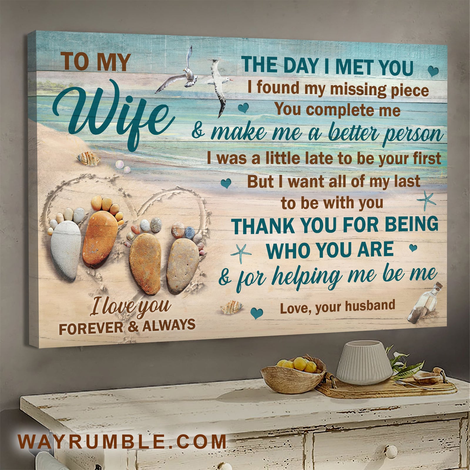 To my wife, Pebble Footprint, The day I met you I found my missing piece - Couple Landscape Canvas Prints, Wall Art
