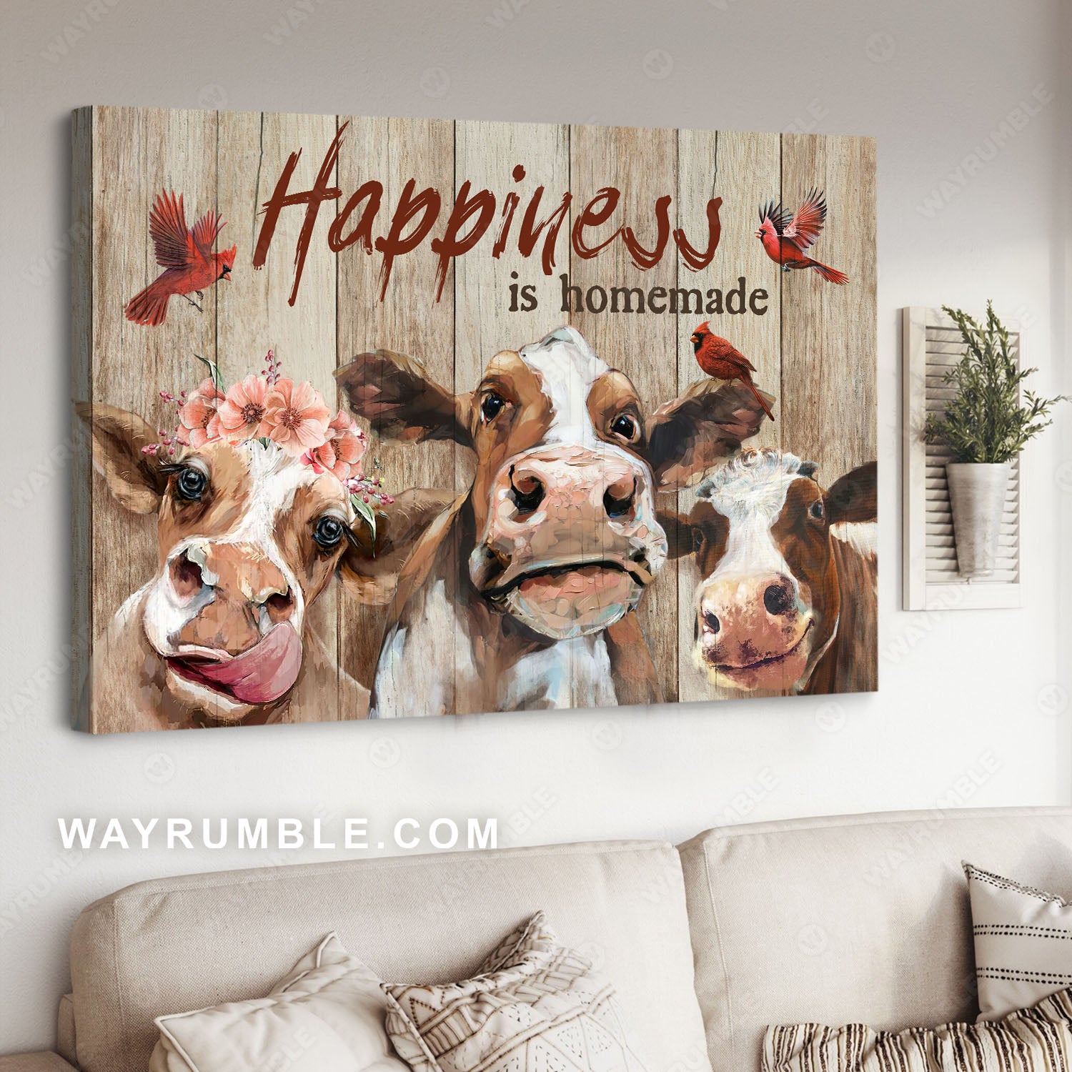 Cows painting, Red cardinals. Farm life, Happiness is homemade - Family Landscape Canvas Prints, Wall Art