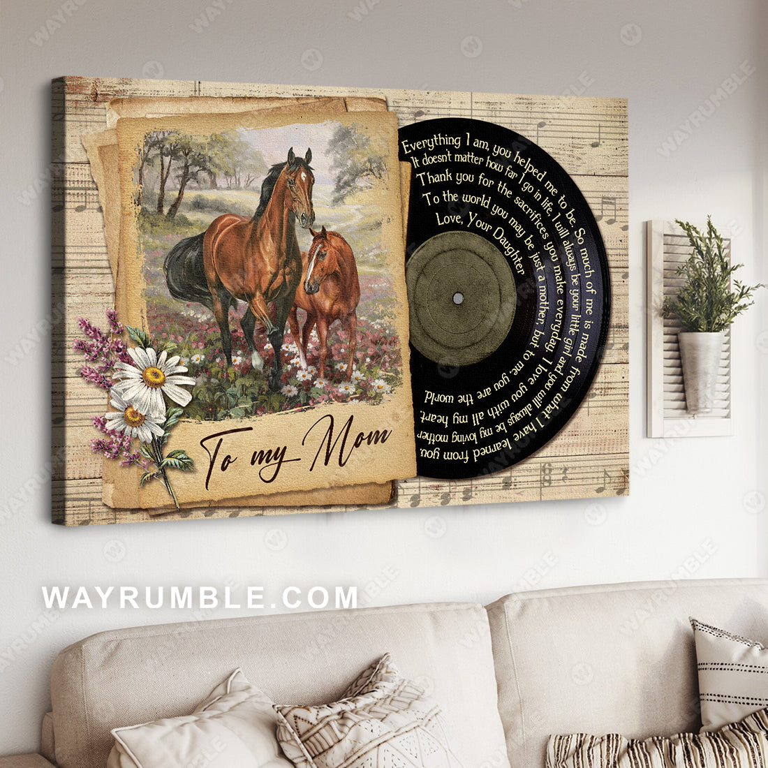 Daughter to mom, Brown horse, Flower, I love you with all my heart - Family Landscape Canvas Prints, Wall Art
