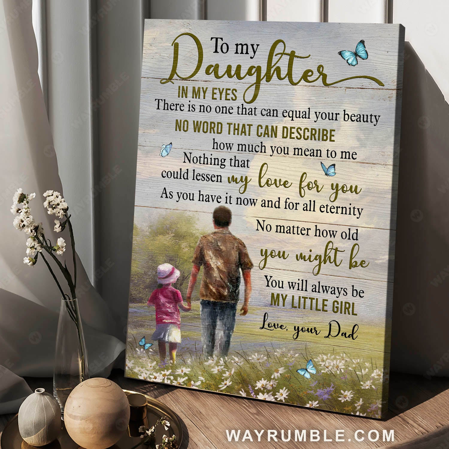 Dad to daughter, Daisy flower, Walking drawing, No word that can describe - Family Portrait Canvas Prints, Wall Art