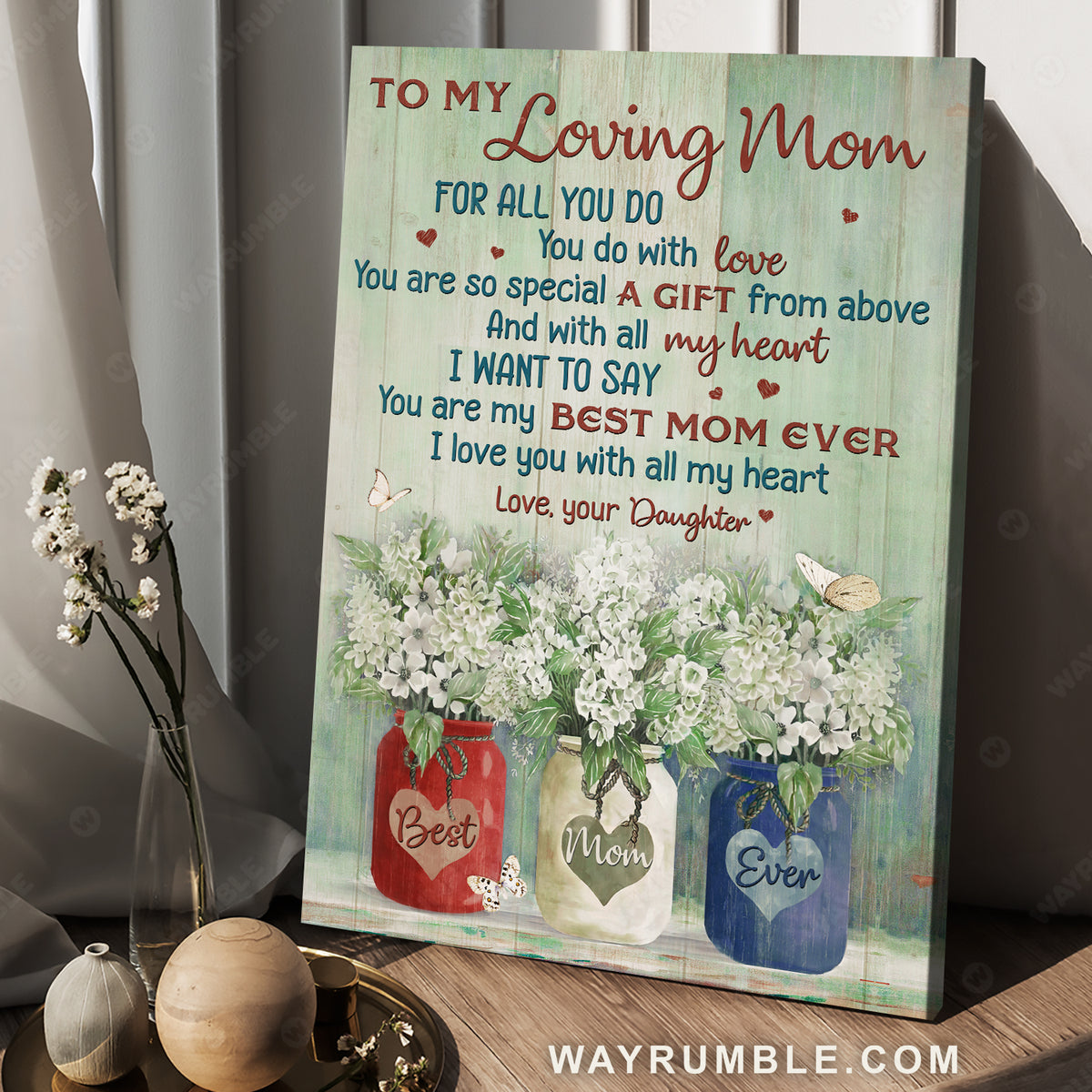 Daughter to mom, White flower garden, Butterfly, I love you with all my heart - Family Portrait Canvas Prints, Wall Art