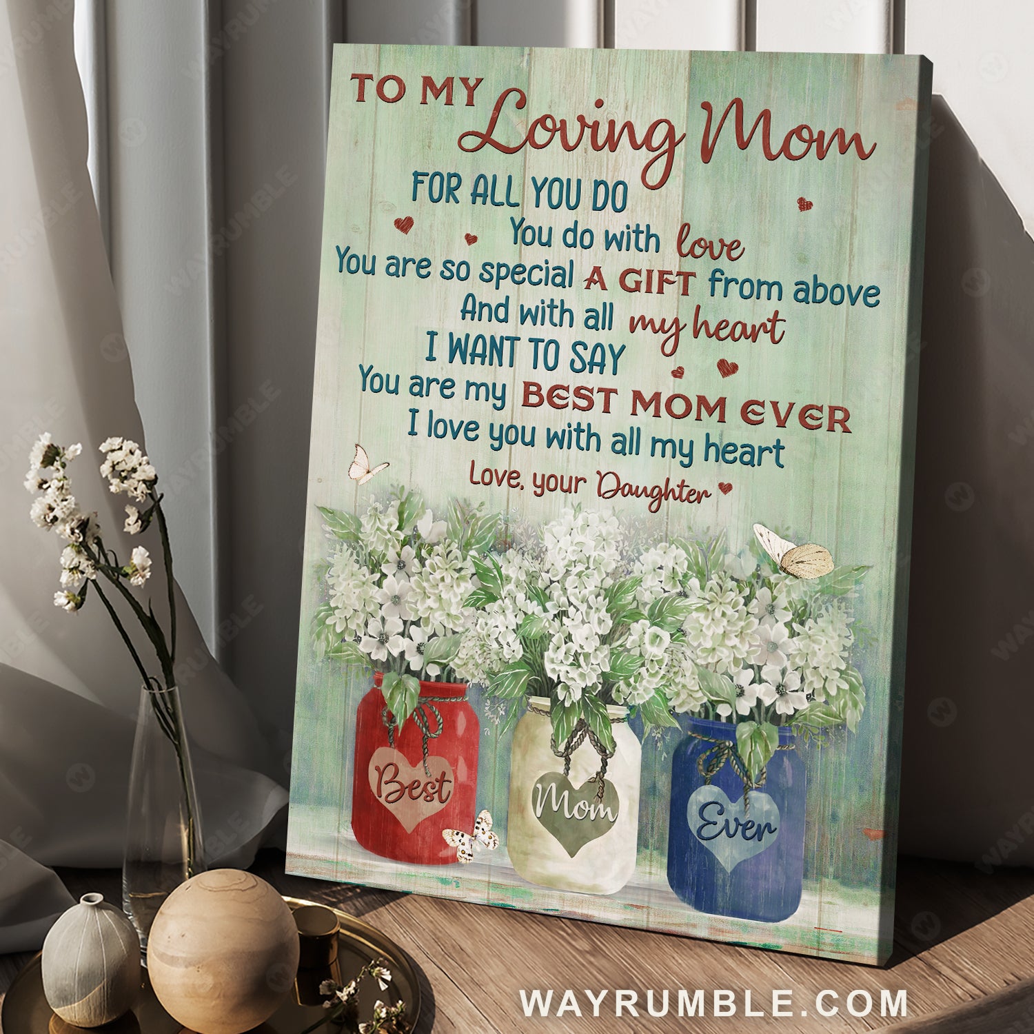 Daughter to mom, White flower garden, Butterfly, I love you with all my heart - Family Portrait Canvas Prints, Wall Art