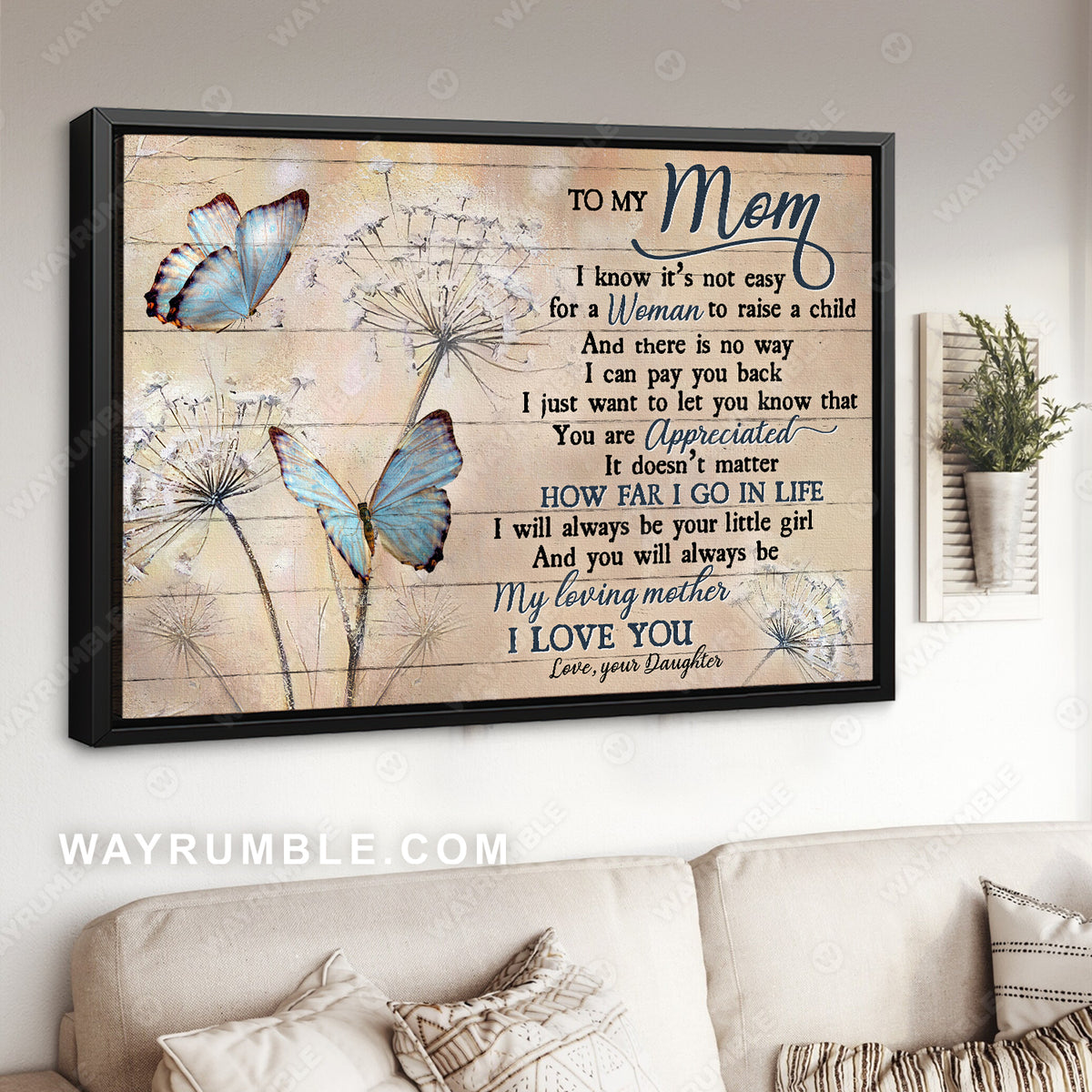 Daughter to mom, Dandelion painting, Blue butterfly, I love you - Family Landscape Canvas Prints, Wall Art