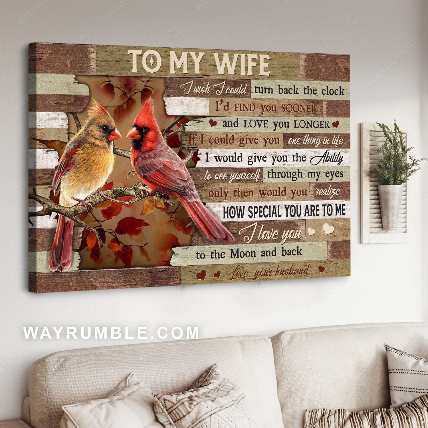 To my wife, Male and female cardinals, Autumn leaves - Family Landscape Canvas Prints, Wall Art
