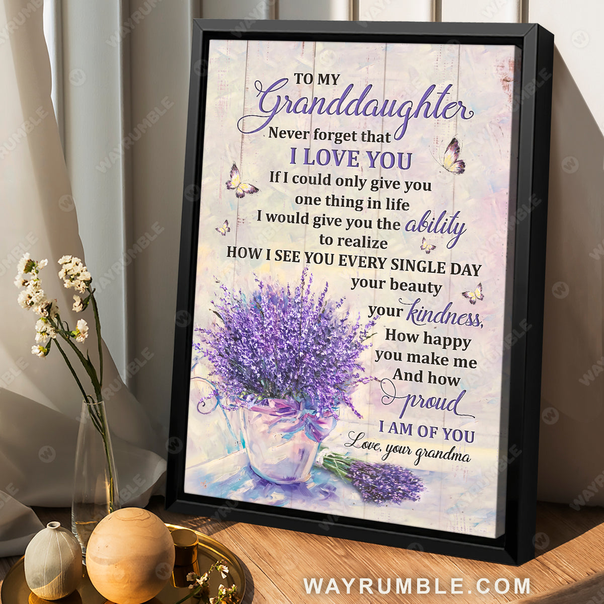 Grandma to granddaughter, Lavender vase, Still life painting, I am proud of you - Family Portrait Canvas Prints, Wall Art