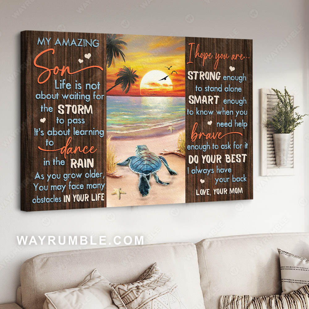 Mom to son, Sunset on the beach, Sea turtle, I always have your back - Family Landscape Canvas Prints, Wall Art
