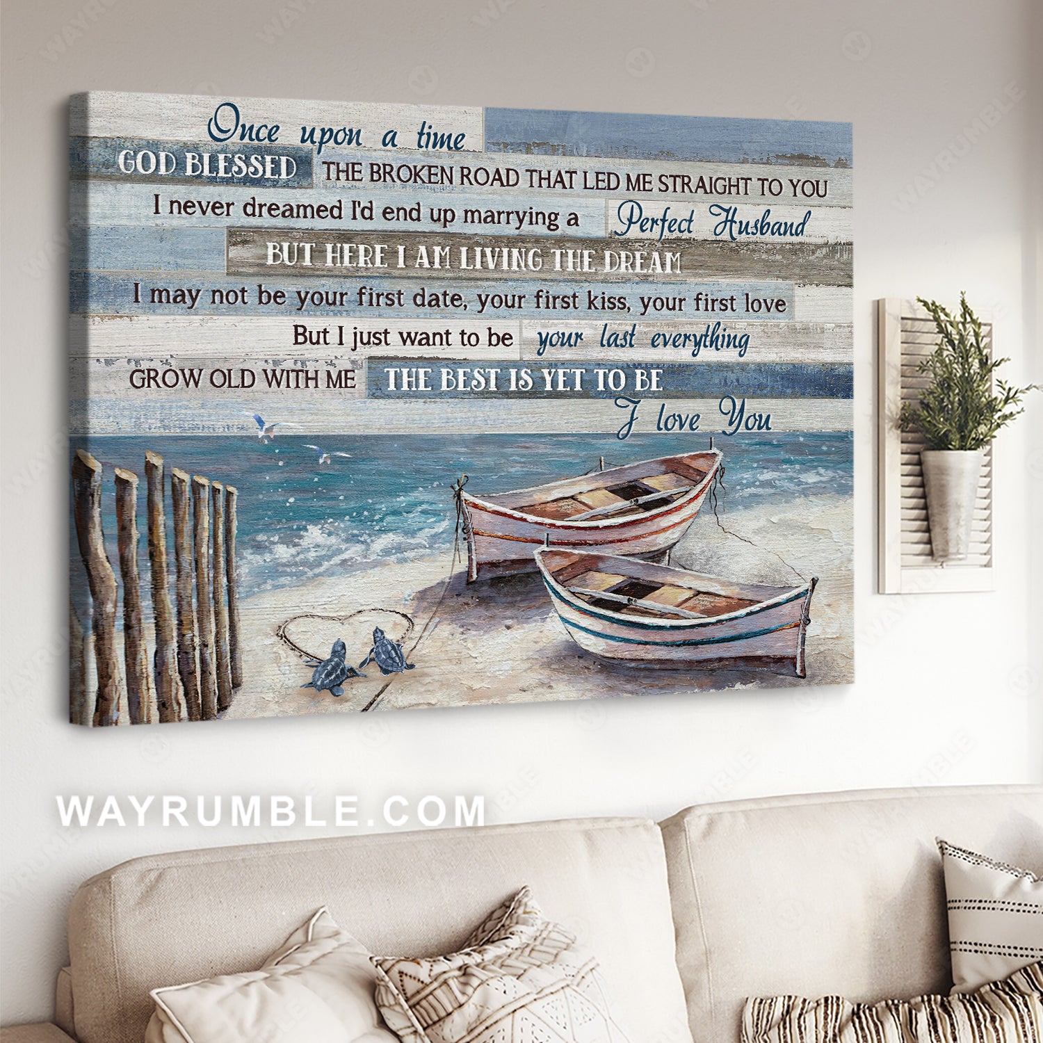 Wooden boat, Sea turtle, Ocean view, Once upon a time - Family Landscape Canvas Prints, Wall Art