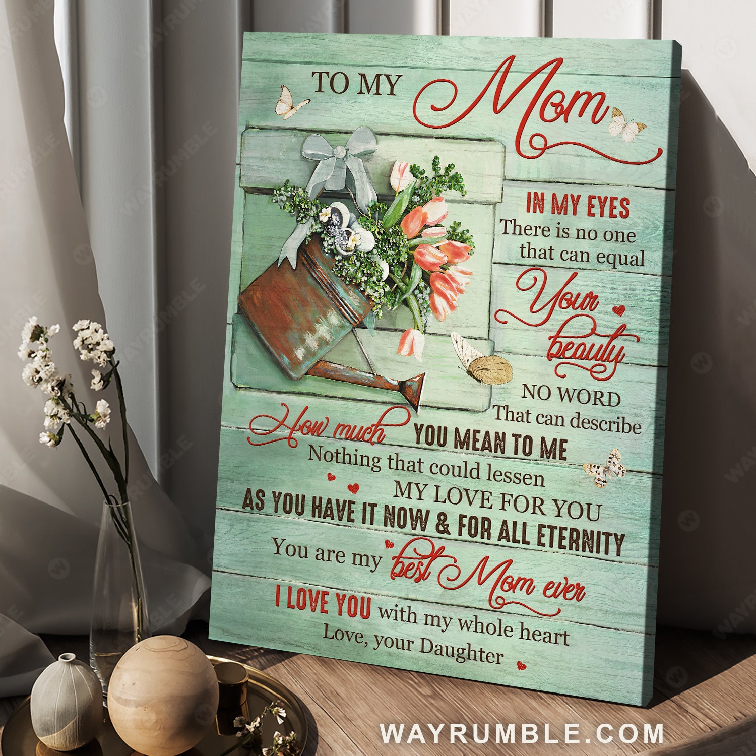 Daughter to mom, Tulip flower, White butterfly, I love you with my whole heart - Family Portrait Canvas Prints, Wall Art