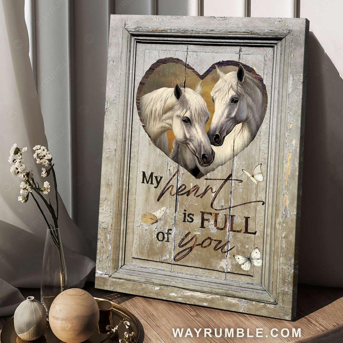 White horse, Heart shape, White butterfly, My heart is full of you - Family Portrait Canvas Prints, Wall Art