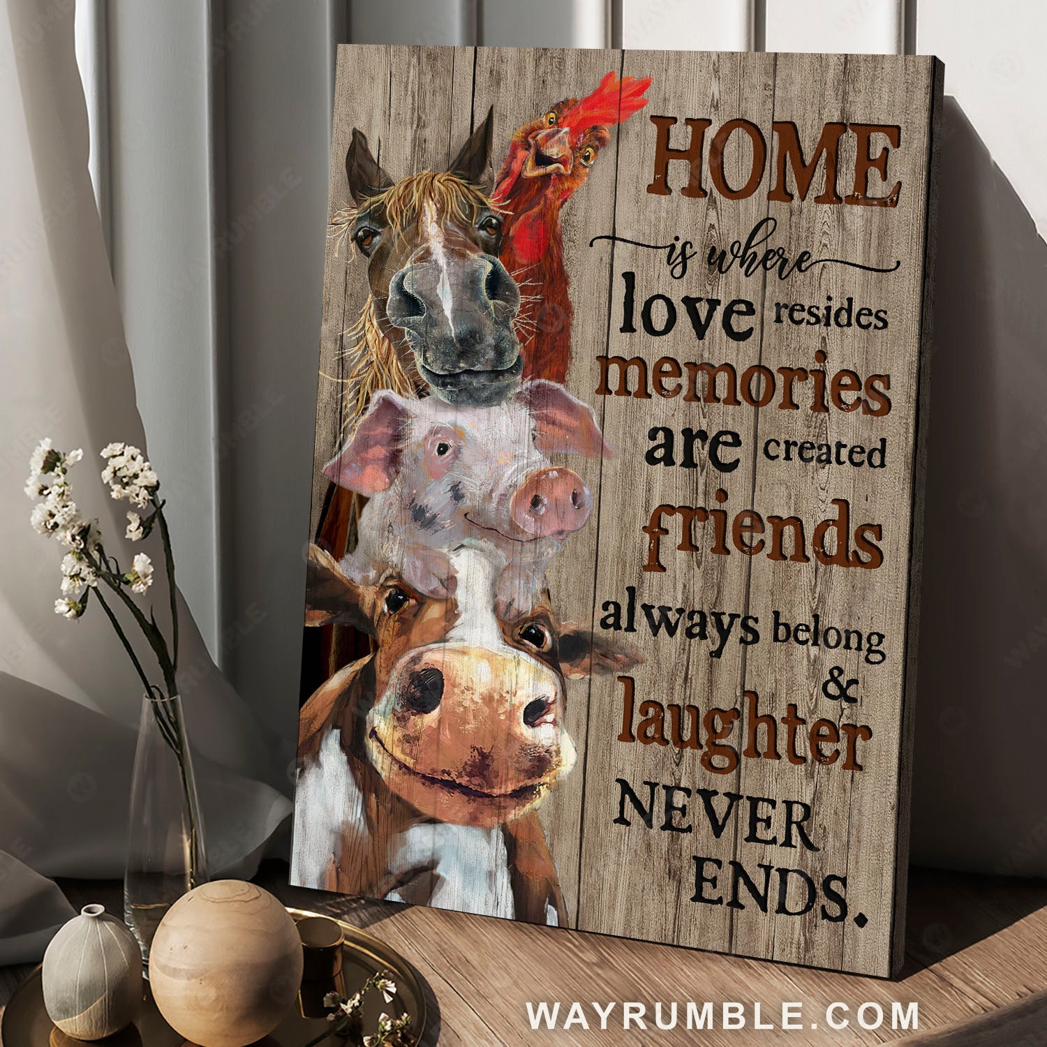 Fam animals, Dairy cow, Brown horse, Home is where love resides - Family Portrait Canvas Prints, Wall Art