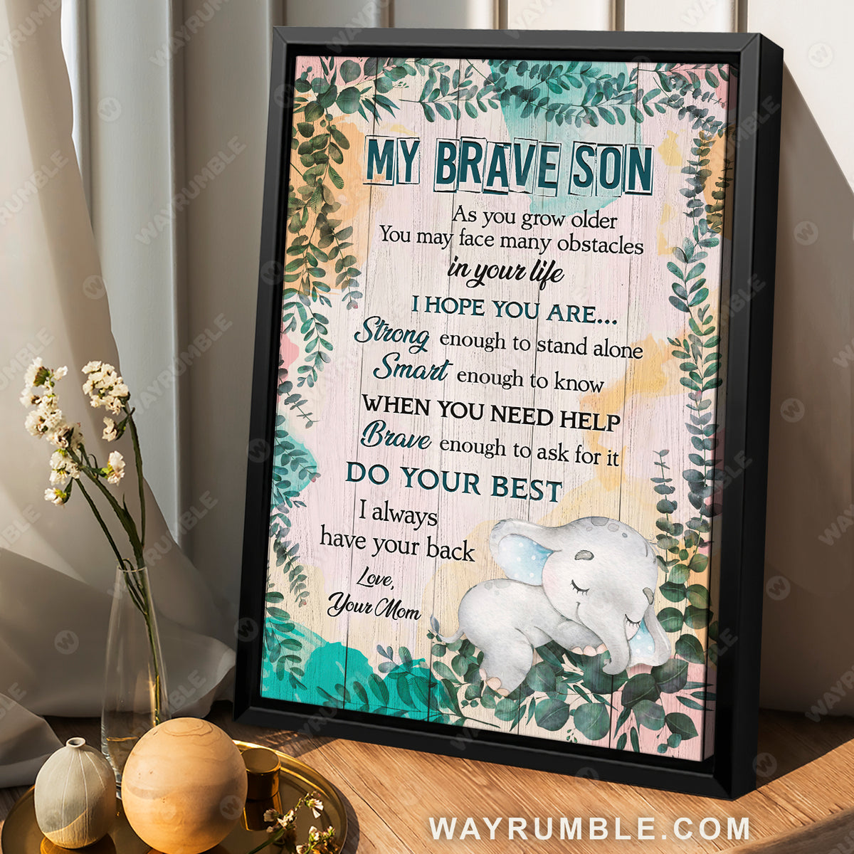 Mom to son, Elephant watercolor drawing, Sleeping cute elephant, I always have you back - Family Portrait Canvas Prints, Wall Art