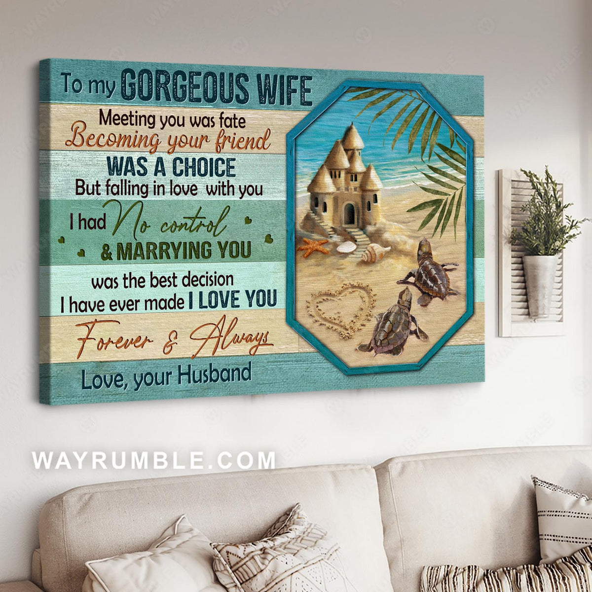 To my wife, Sand castle, Baby sea turtles, On the beach, Meeting you was a fate - Family Landscape Canvas Prints, Wall Art