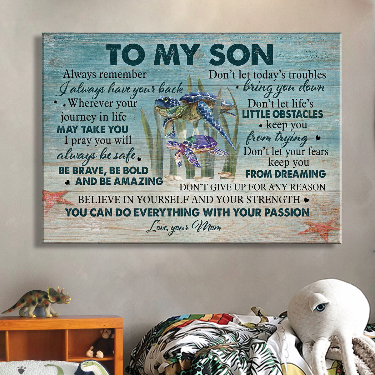 Mom to son, Turtle, Ocean view, Don&#39;t let today&#39;s trouble bring you down - Family Landscape Canvas Prints, Wall Art