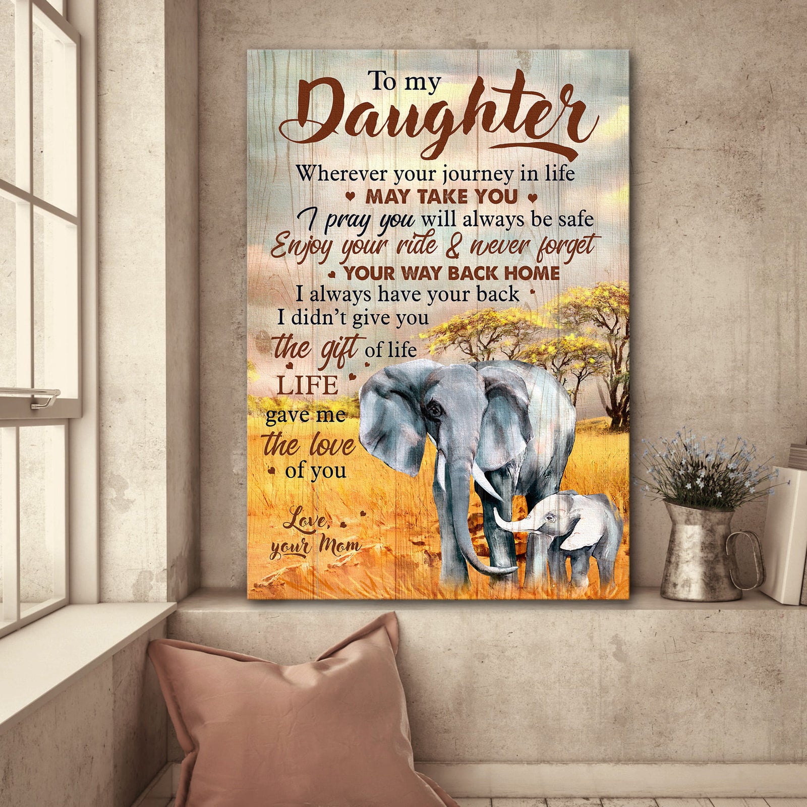 Mom to daughter, Elephant Family, Savanna, Enjoy your ride and don't forget your way back home - Family Portrait Canvas Prints, Wall Art