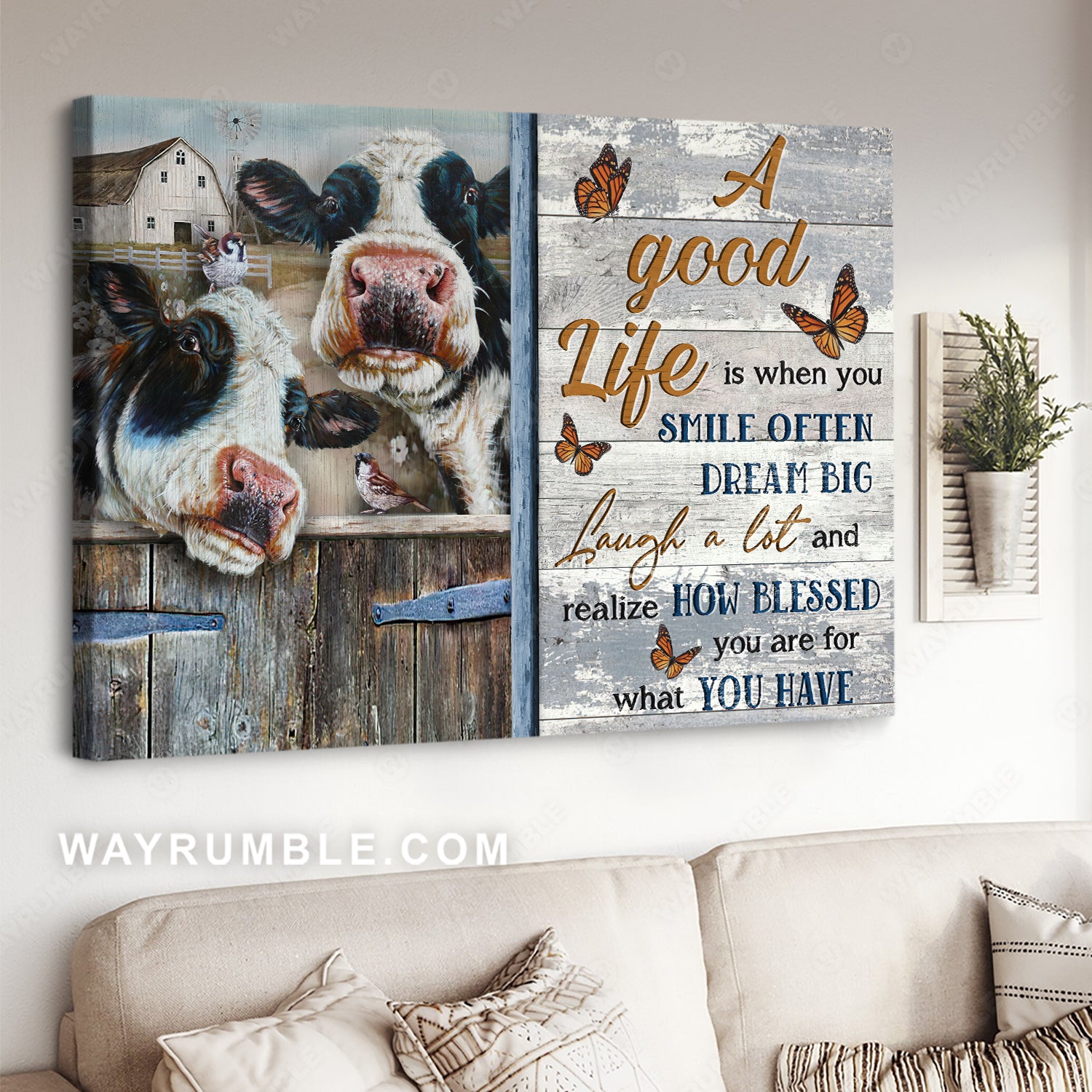 Beautiful dairy cow, Old farm, A good life is when you smile often - Family Landscape Canvas Prints, Wall Art