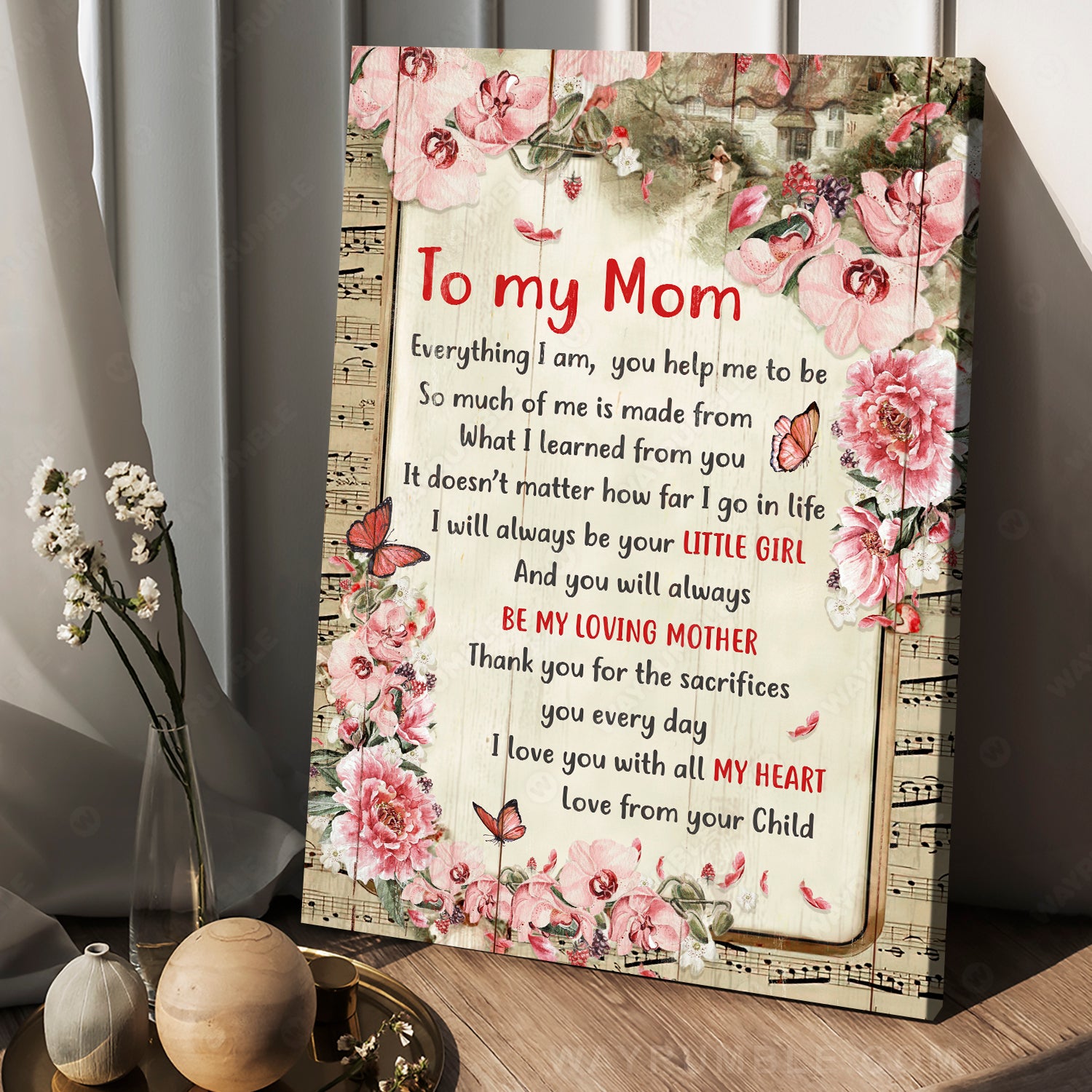 Daughter to mom, Music sheet, Beautiful butterfly, Be my loving mother - Family Portrait Canvas Prints, Wall Art