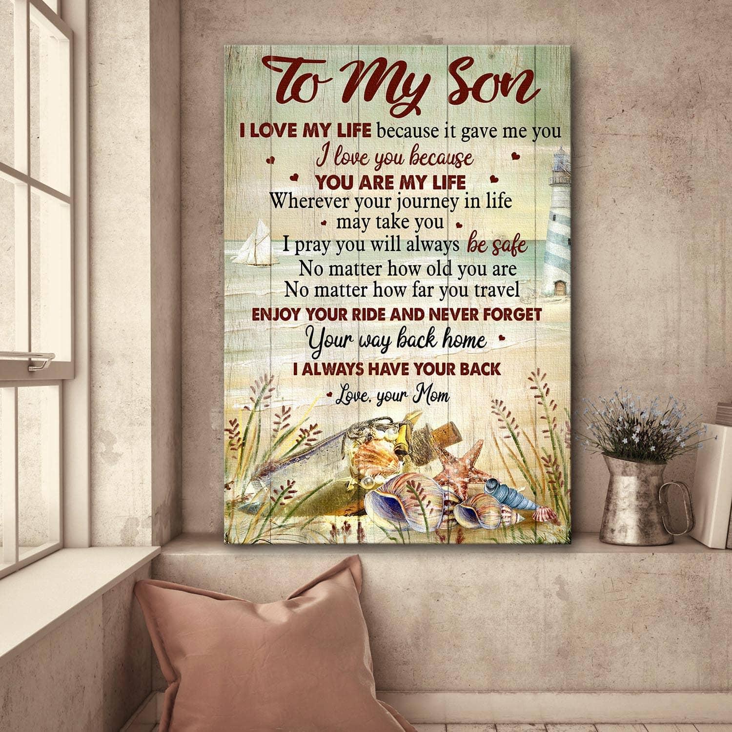 Mom to son, On the beach, Boat, I love you because you're my life - Family Portrait Canvas Prints, Wall Art