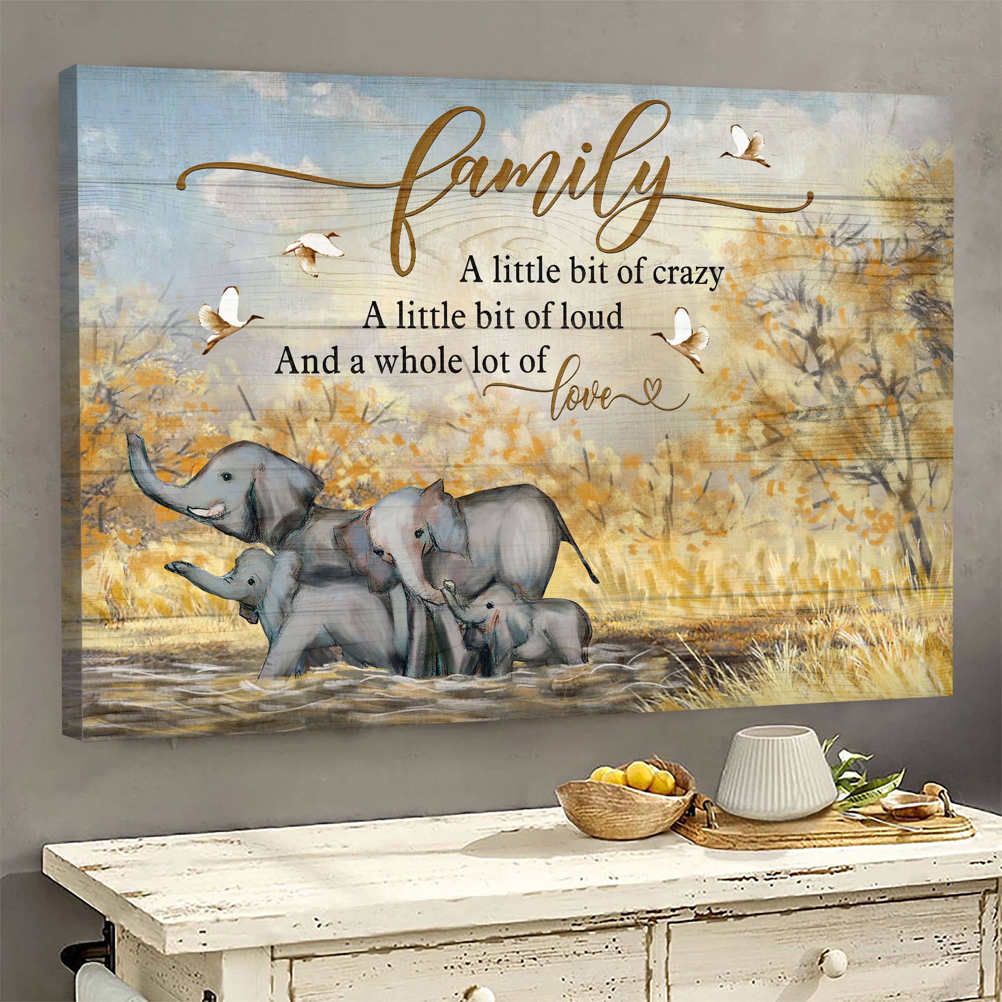 Elephant Family, Red-crowned Crane, Family is a whole lot of love - Family Landscape Canvas Prints, Wall Art