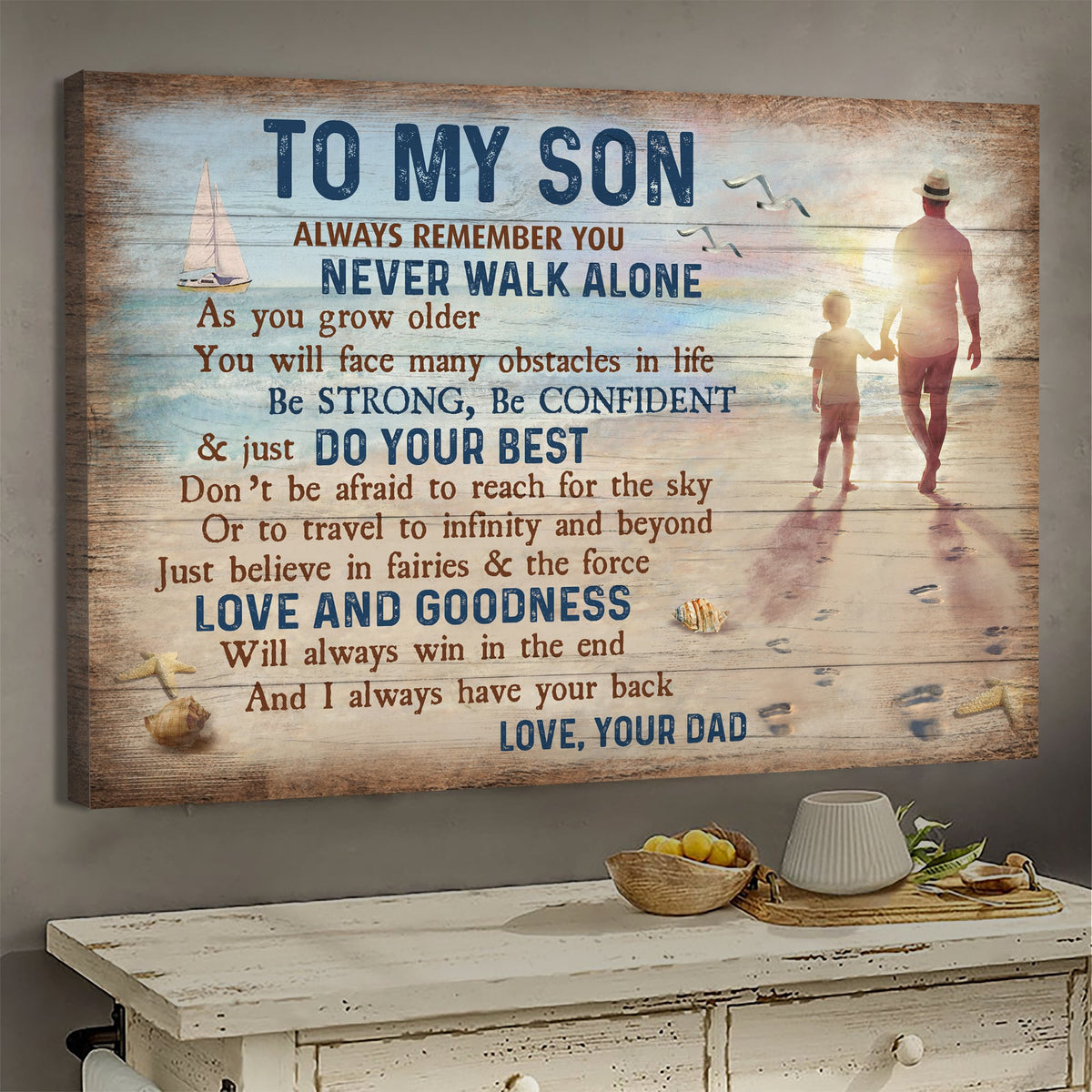 Father to son, On the beach, Sunset Painting, Be strong, Be confident &amp; Do your best - Family Landscape Canvas Prints, Wall Art