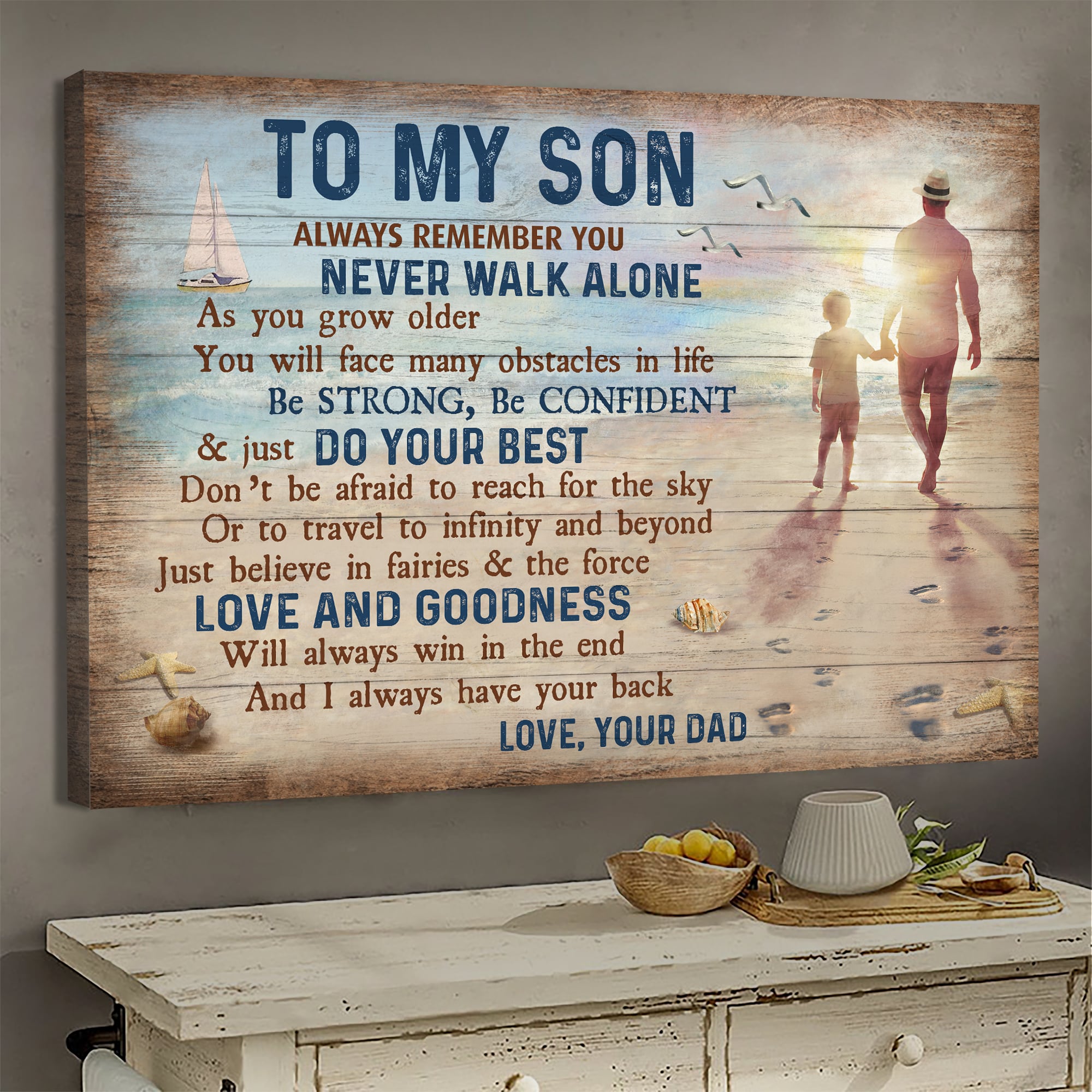 Father to son, On the beach, Sunset Painting, Be strong, Be confident & Do your best - Family Landscape Canvas Prints, Wall Art