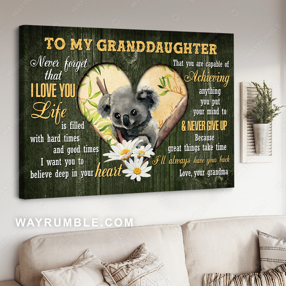 Grandma to granddaughter, Cute koala bear, Daisy, I'll always have your back - Family Landscape Canvas Prints, Wall Art