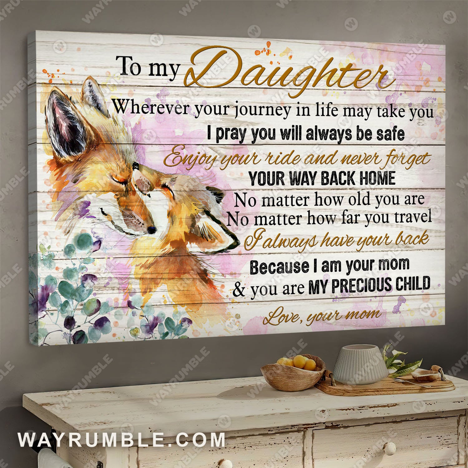 Mom to daughter, Fox watercolor painting, Never forget your way back home - Family Landscape Canvas Prints, Wall Art