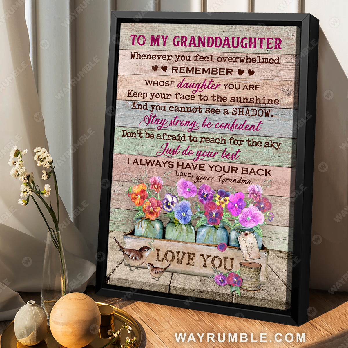 Grandma to granddaughter, Stay strong and be confident, Flower vase, House sparrow - Family Portrait Canvas Prints, Wall Art