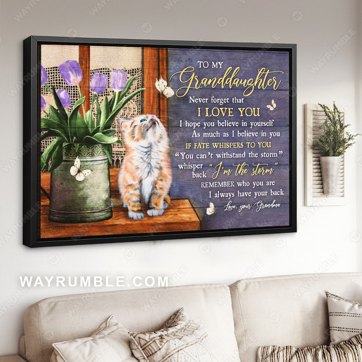 Grandma to granddaughter, Cat painting, Tulip flower, Never forget that I love you - Family Landscape Canvas Prints, Wall Art