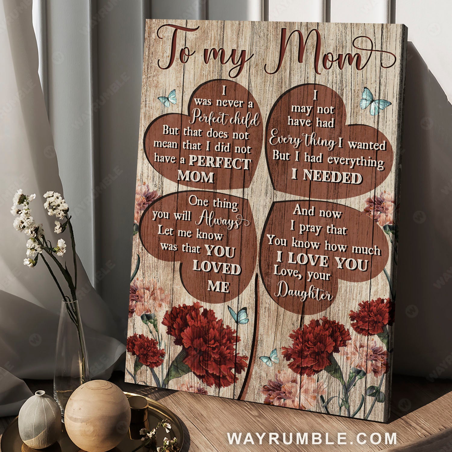 Daughter to mom, Blue butterfly, Carnation, I love you mom - Family Portrait Canvas Prints, Wall Art