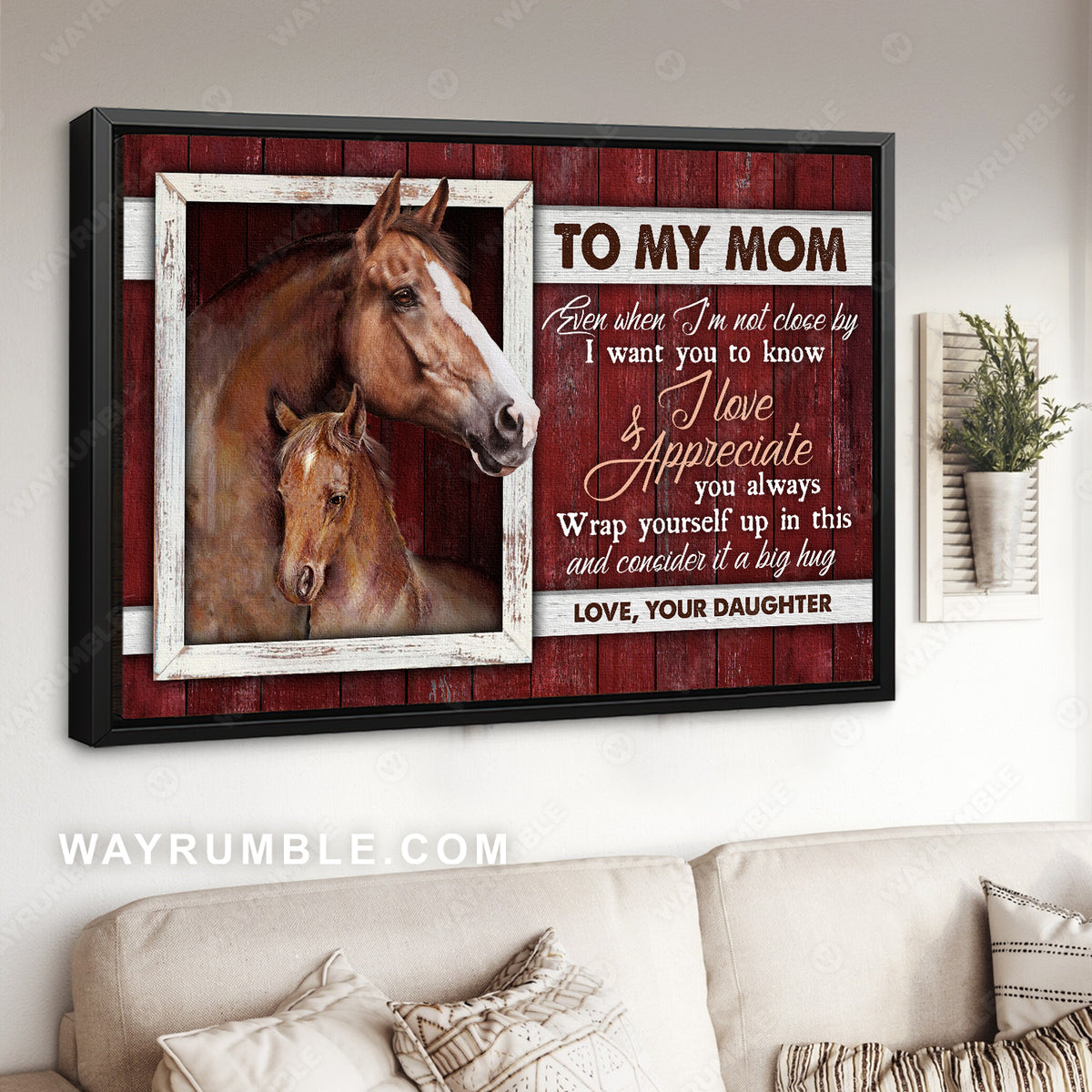 Daughter to mom, Horse painting, Red background, I love and appreciate you always - Family Landscape Canvas Prints, Wall Art
