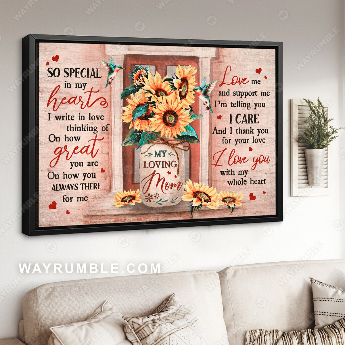 Daughter to mom, Sunflower vase, Pink background, I love you with my whole heart - Family Landscape Canvas Prints, Wall Art
