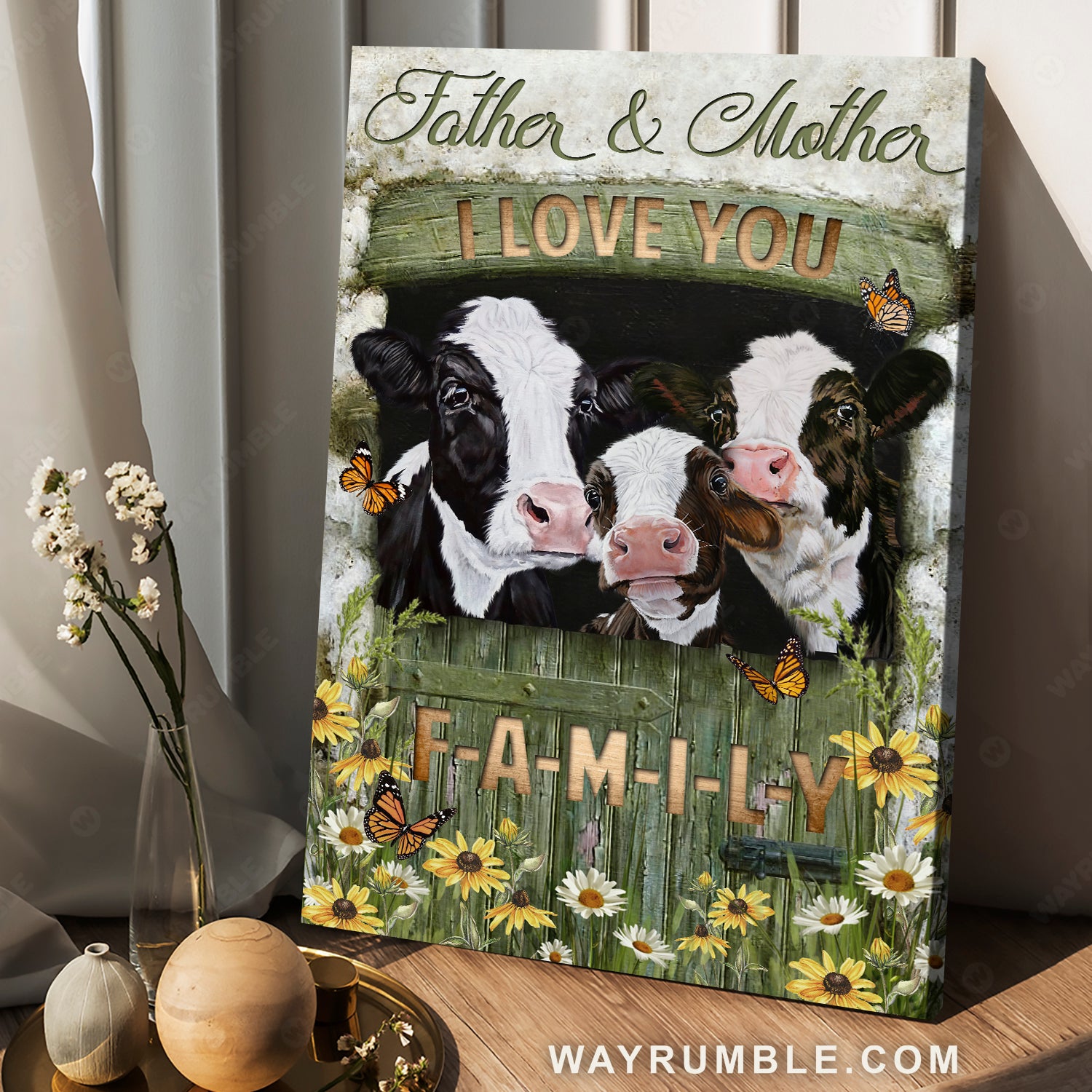 Dairy cow, Farm animal, Daisy flower, Father and mother I love you - Family Portrait Canvas Prints, Wall Art