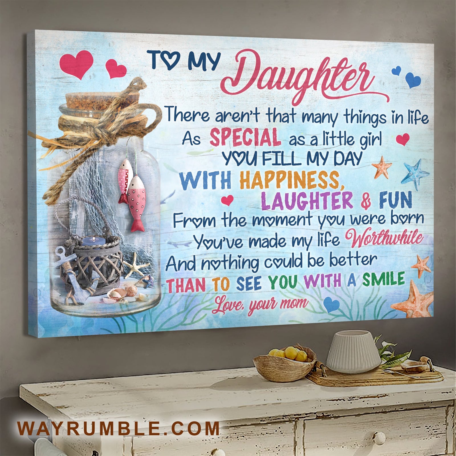 Mom to daughter, Glass Jar, Fish, You fill my day with happiness - Family Landscape Canvas Prints, Wall Art