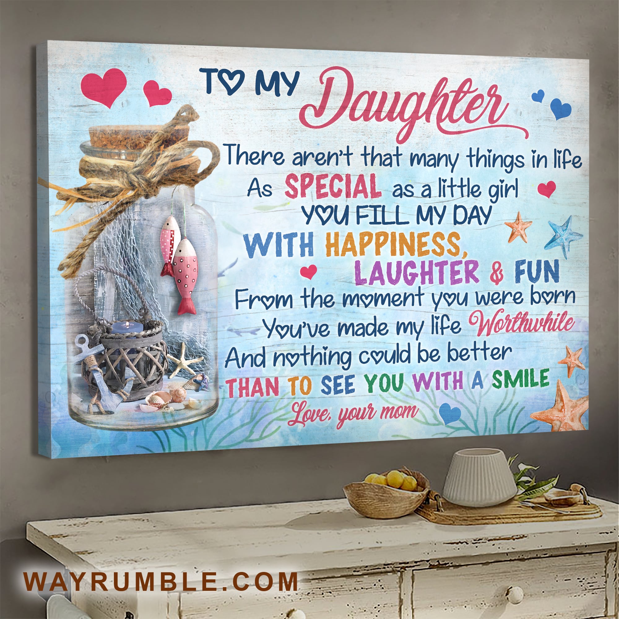 Mom to daughter, Glass Jar, Fish, You fill my day with happiness - Family Landscape Canvas Prints, Wall Art