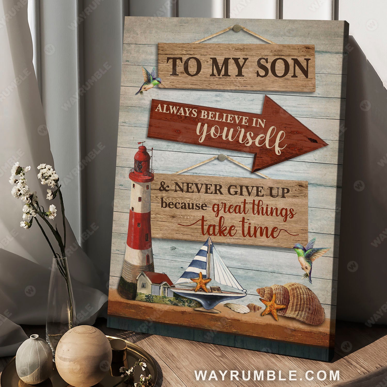 To my son, Ocean theme, Seashell, Lighthouse, Always believe in yourself - Family Portrait Canvas Prints, Wall Art