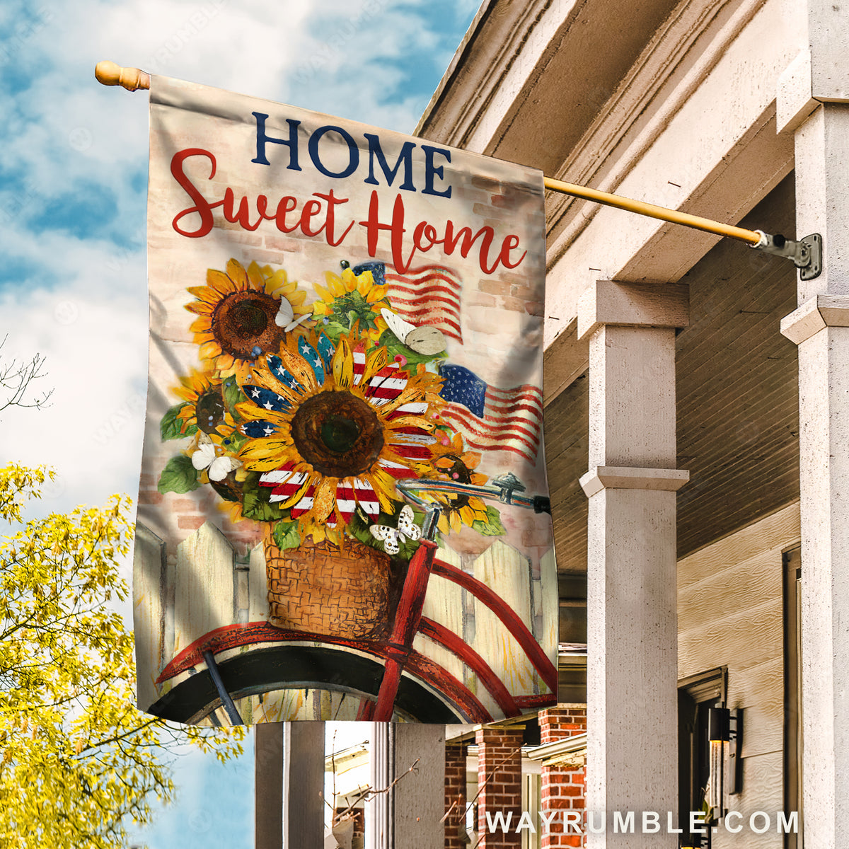 Beautiful sunflower vase, Red bicycle, US flag, Home sweet home - Family Flag