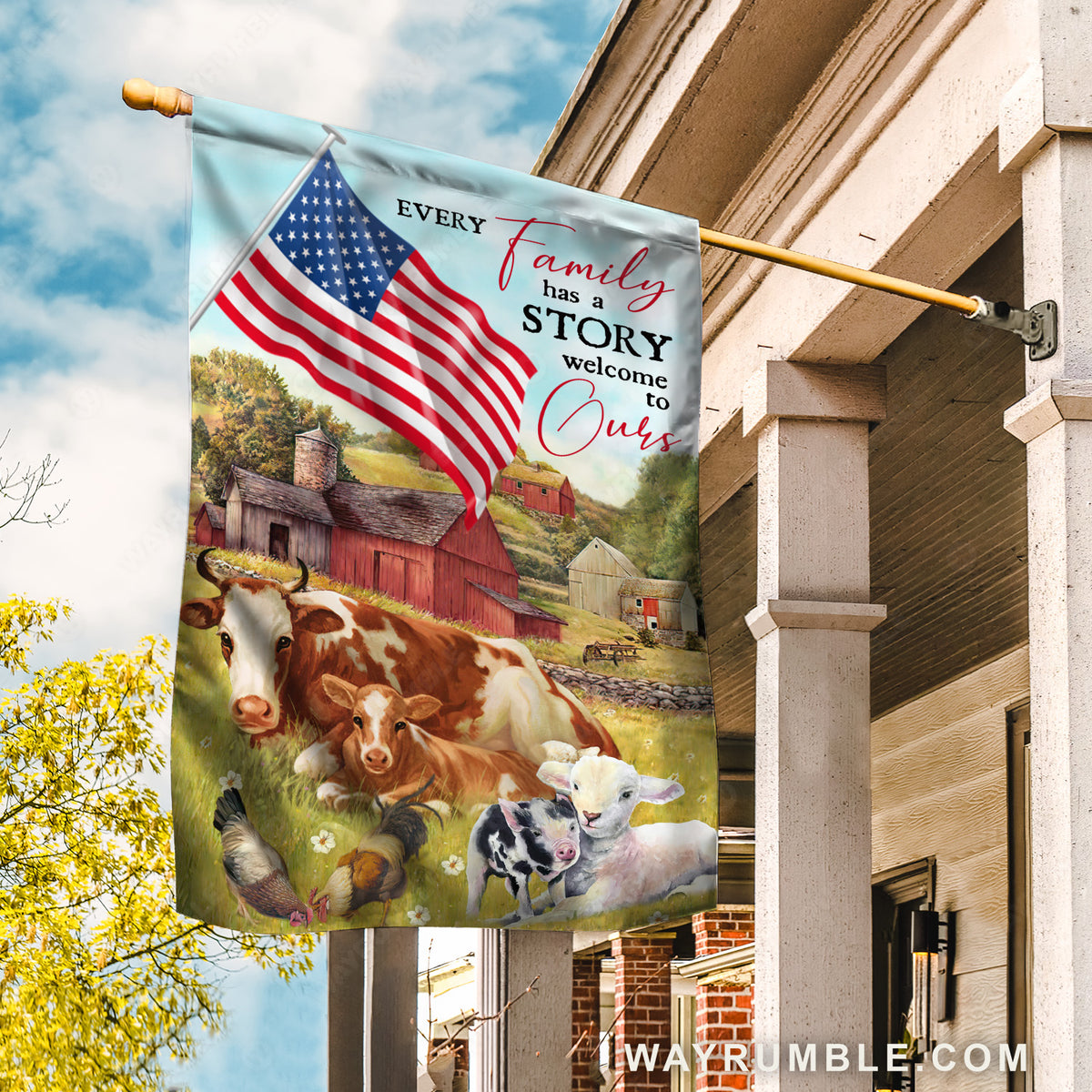 Green meadow land, Dairy cow, Beautiful US flag, Every family has a story welcome to ours - Family Flag