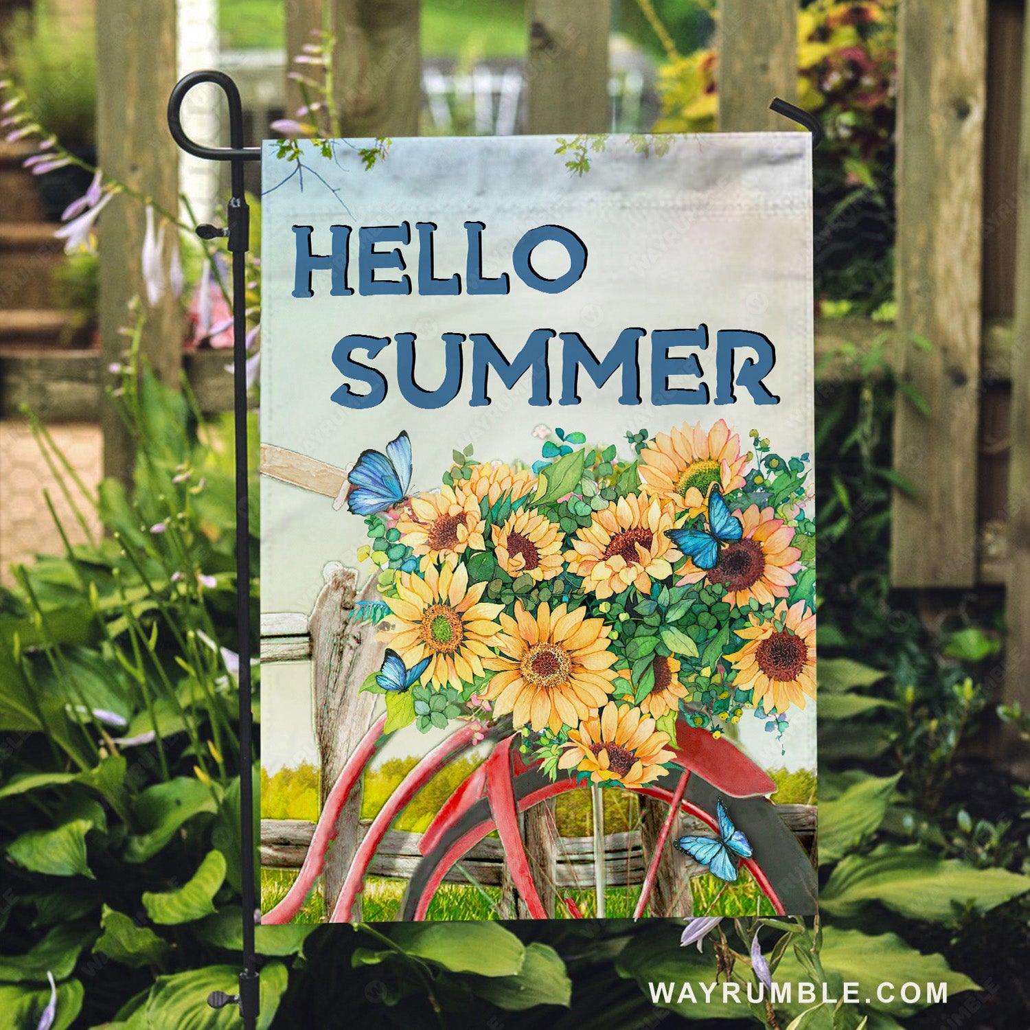 Watercolor sunflower, Red bicycle, Hello summer - Family Flag