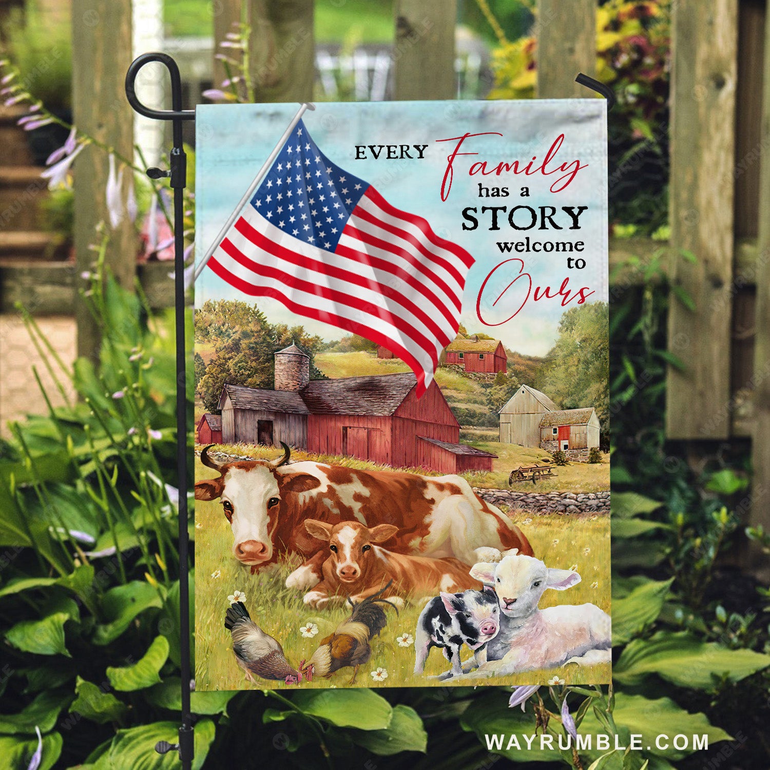 Green meadow land, Dairy cow, Beautiful US flag, Every family has a story welcome to ours - Family Flag