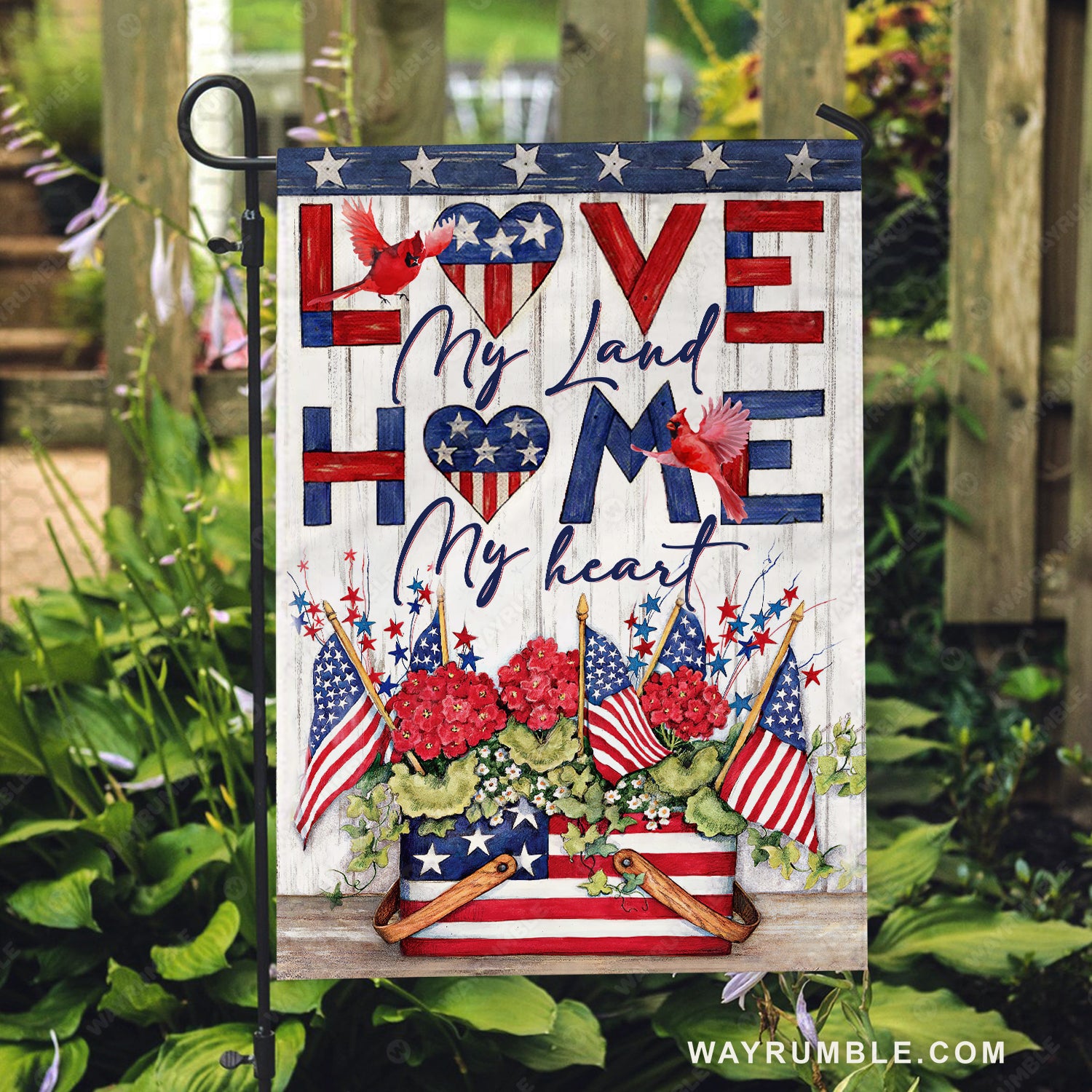 Red hydrangea, Small US flag, Cardinal drawing, Love my land - Family Flag