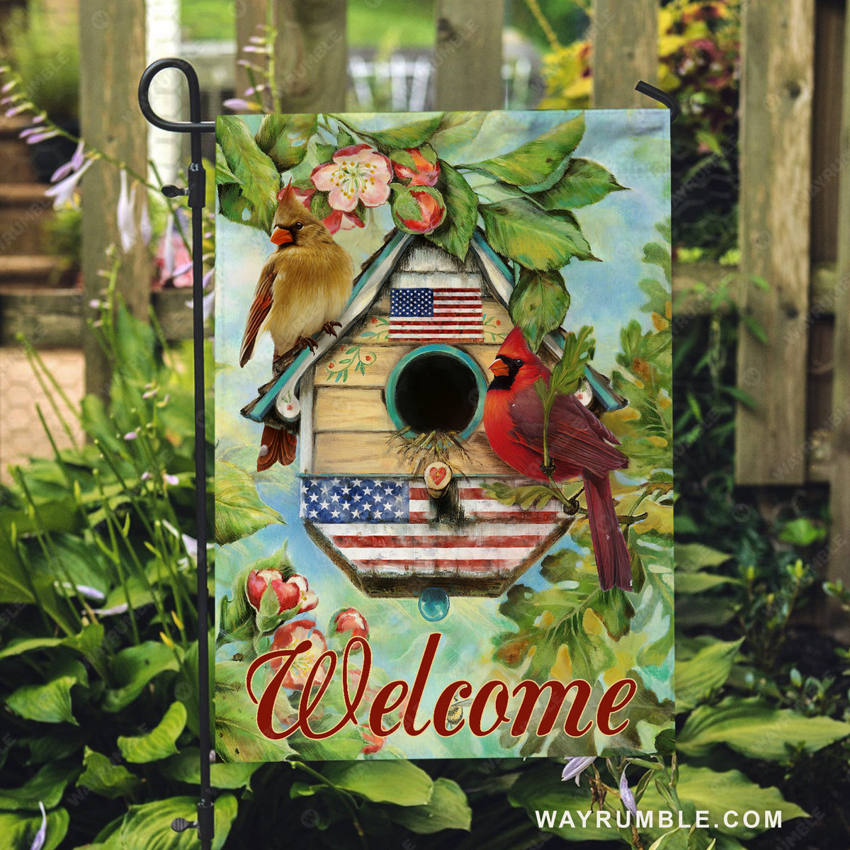Beautiful cardinal, Colorful birdhouse, Red flower garden, Welcome - Family Flag