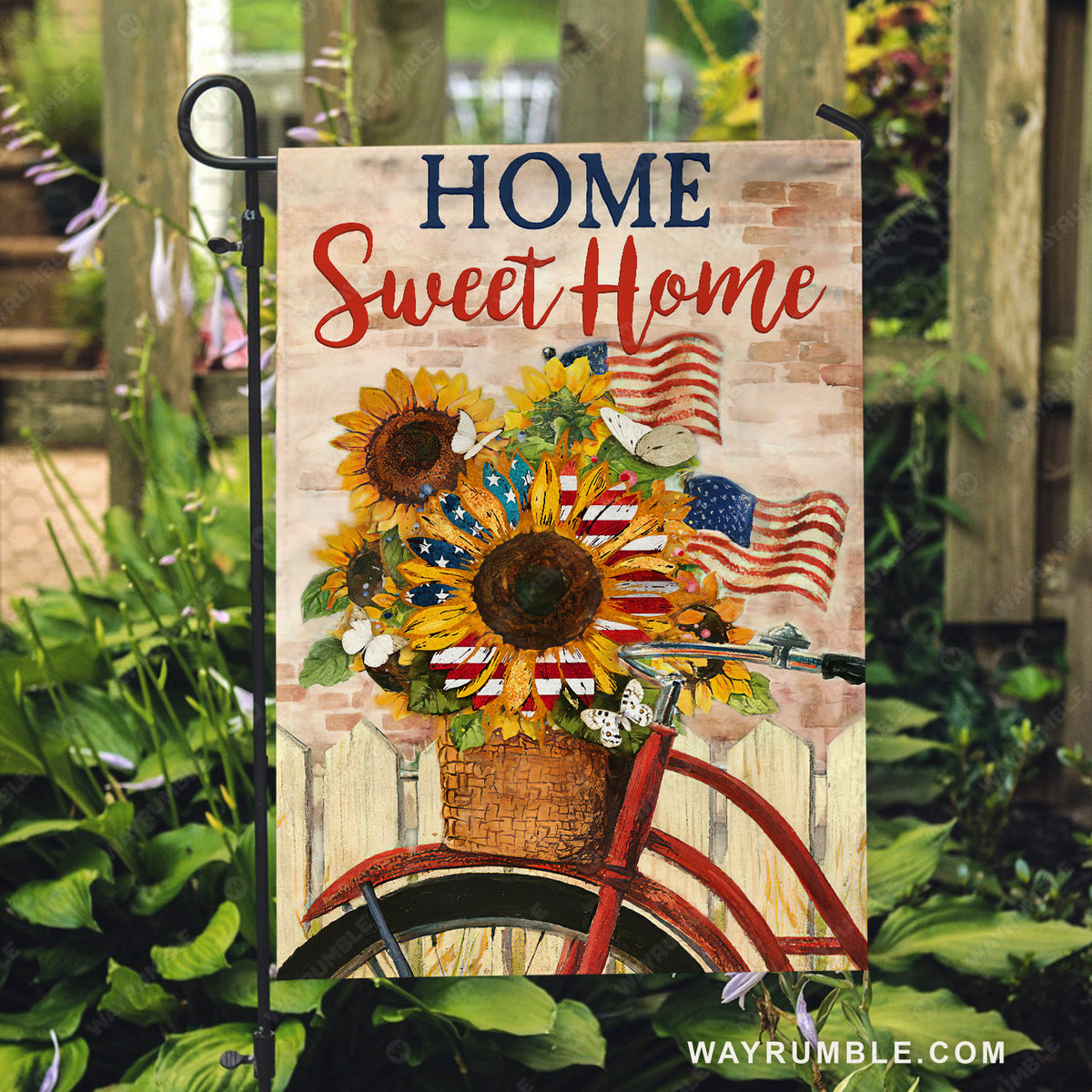 Beautiful sunflower vase, Red bicycle, US flag, Home sweet home - Family Flag