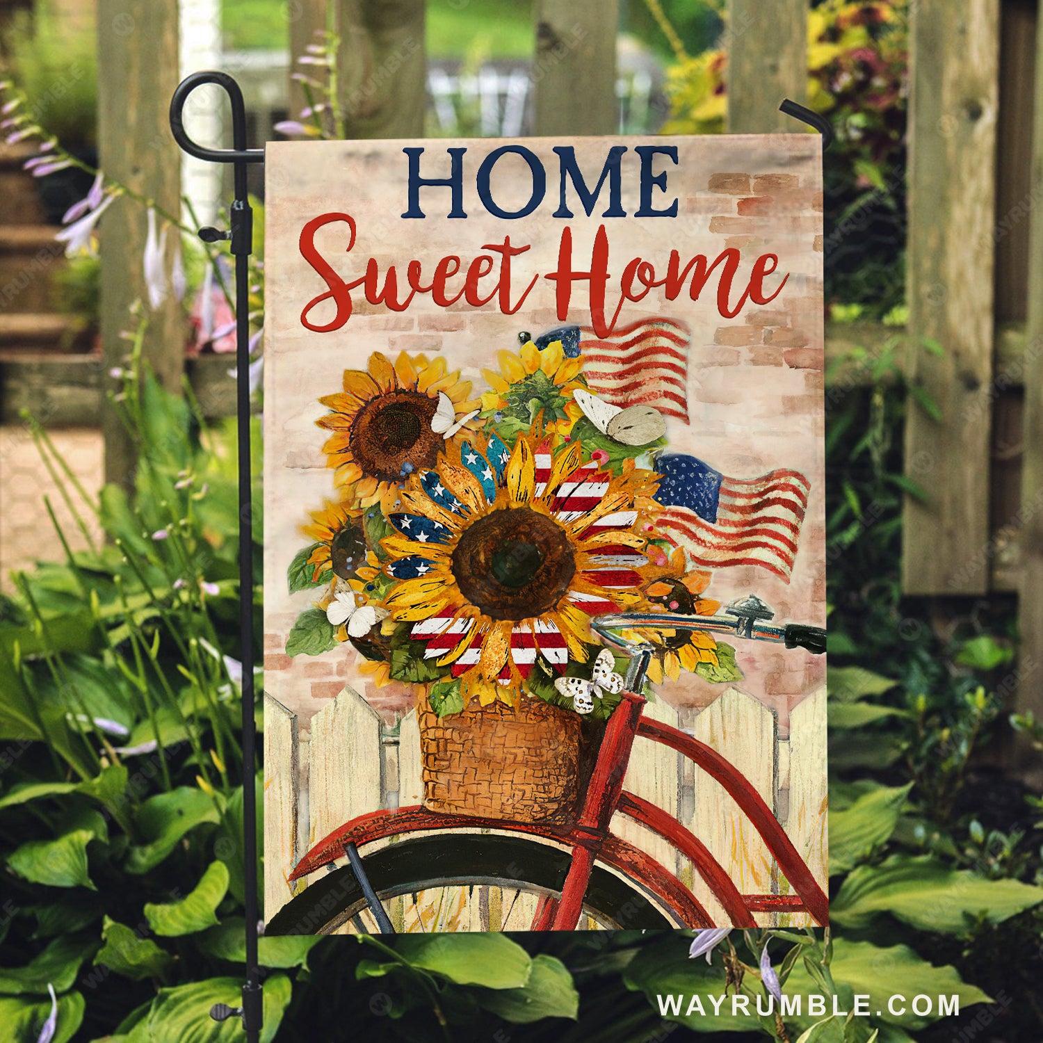 Beautiful sunflower vase, Red bicycle, US flag, Home sweet home - Family Flag