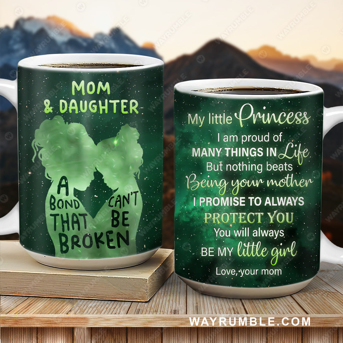 Mom to daughter, Green background, The galaxy, You will always be my little girl - Family AOP Mug