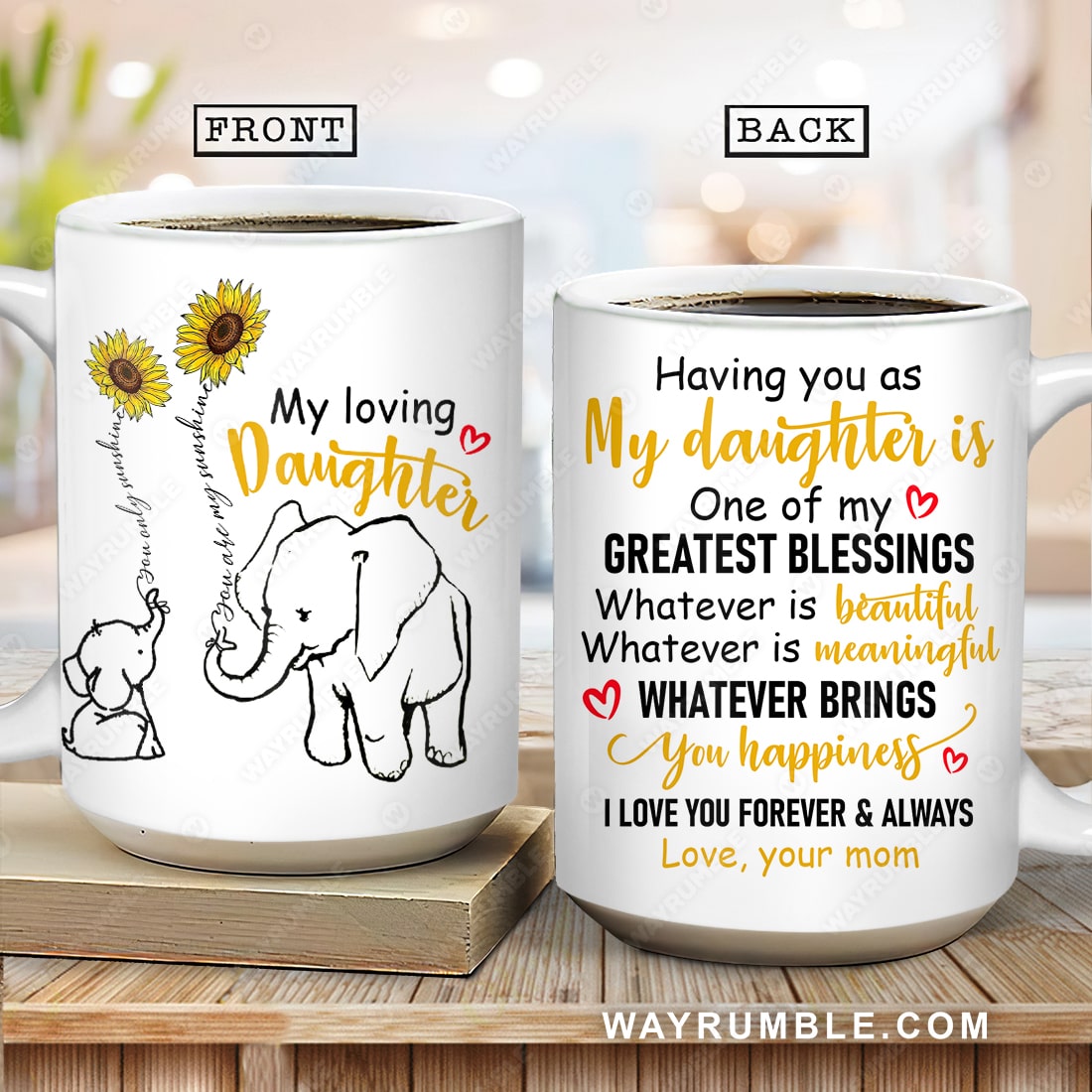 Mom to daughter, Sunflower, Cute elephant drawing, You are my greatest blessing - Family AOP Mug 