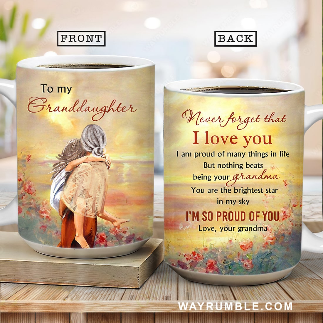 Grandma to granddaughter, Beautiful sunset, Rose garden, Never forget that I love you - Family AOP Mug