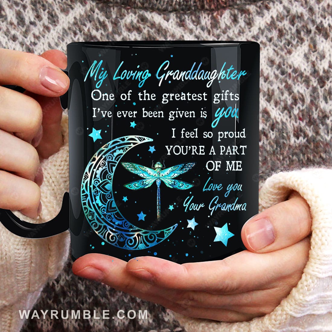 Grandma to granddaughter, Dragonfly drawing, Blue moon, I feel so proud you are a part of me - Family Black Mug