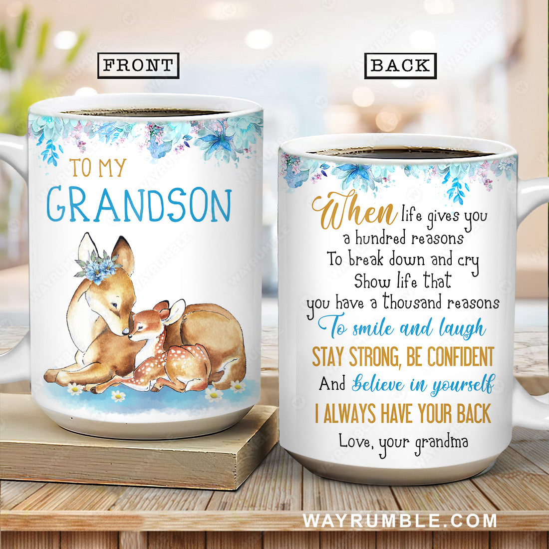 Grandma to grandson, Brown deer drawing, Light blue flower, I always have your back - Family AOP Mug