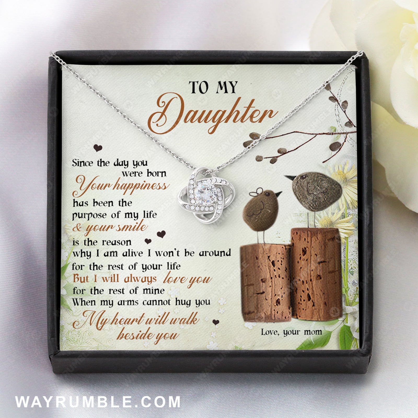 Mom to daughter, Bird pebble, I will always love you - Family Love Knot Necklace with Message Card