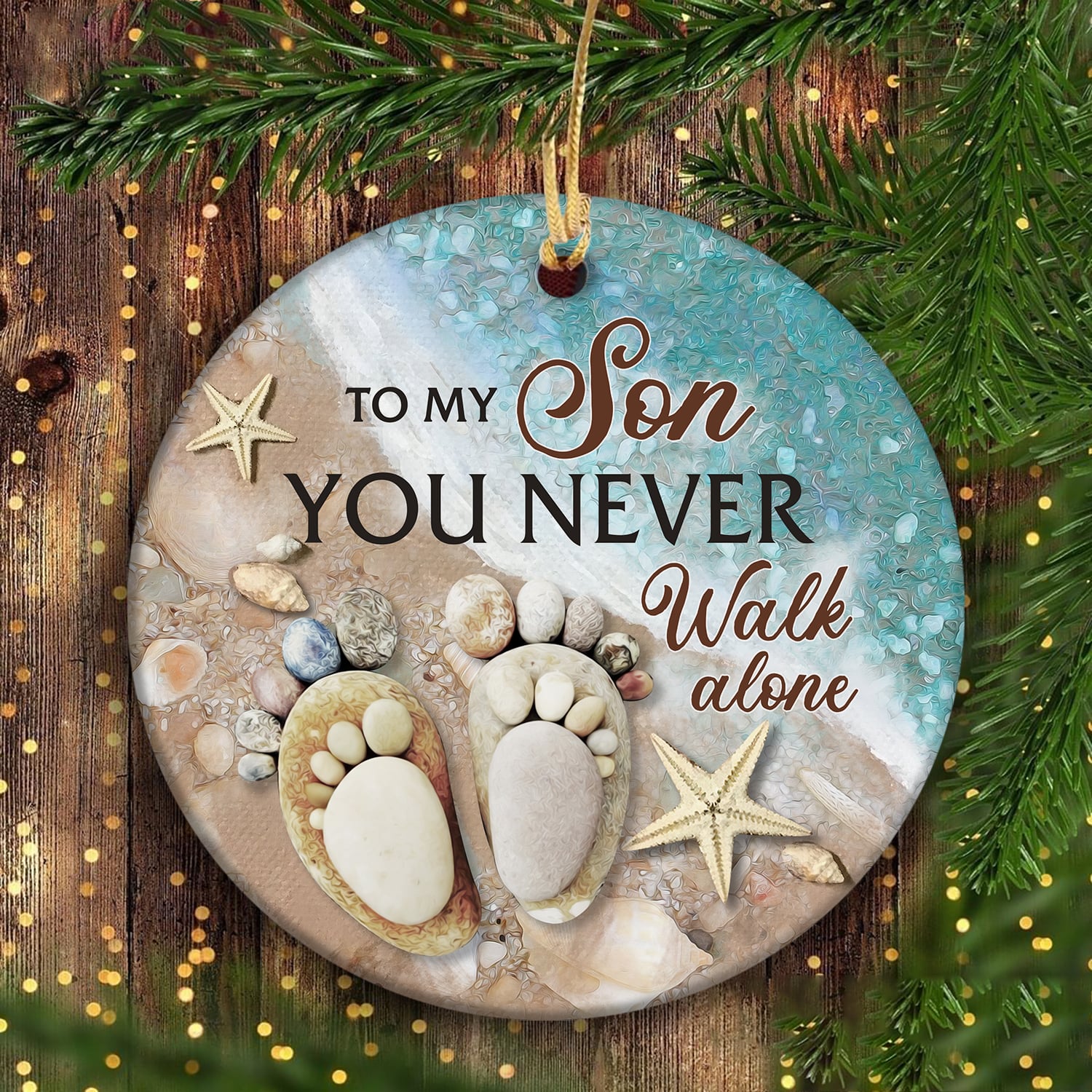 To my son, Pebble footprints, You never walk alone - Family Circle Ceramic Ornament